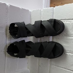 Sorel women's black leather Joanie ll Strappy wedge Sandals.